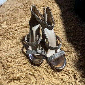 Blinged out rose gold open toe heels